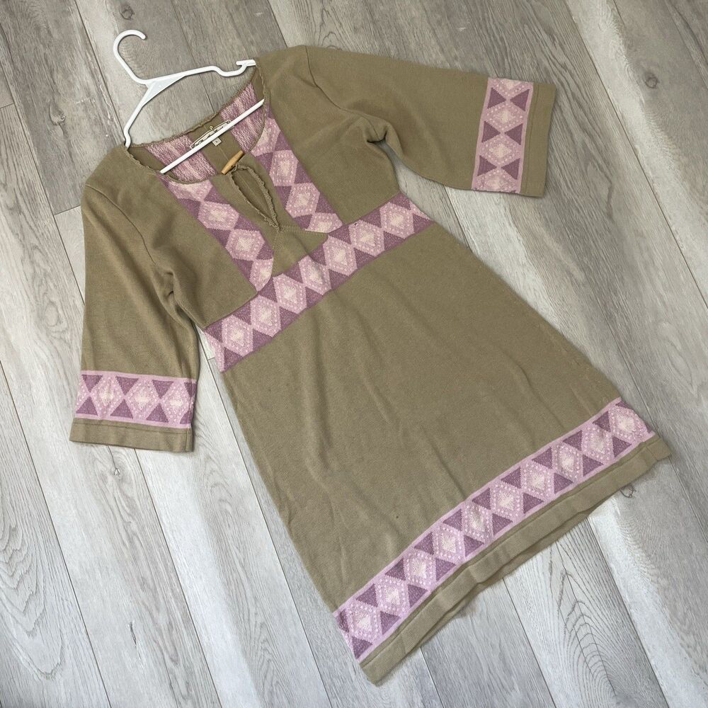 Anthropologie Folk Dress bohemian geometric knit mini womens Brown large scandi